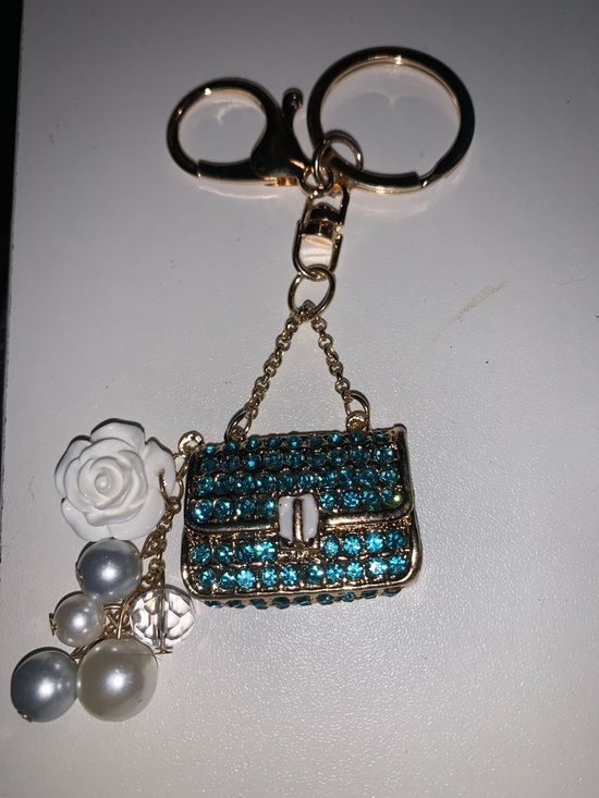 Purse charm Accessories - Teal Crystal Purse/bag charm Keychain with Pearl & Rose Charms